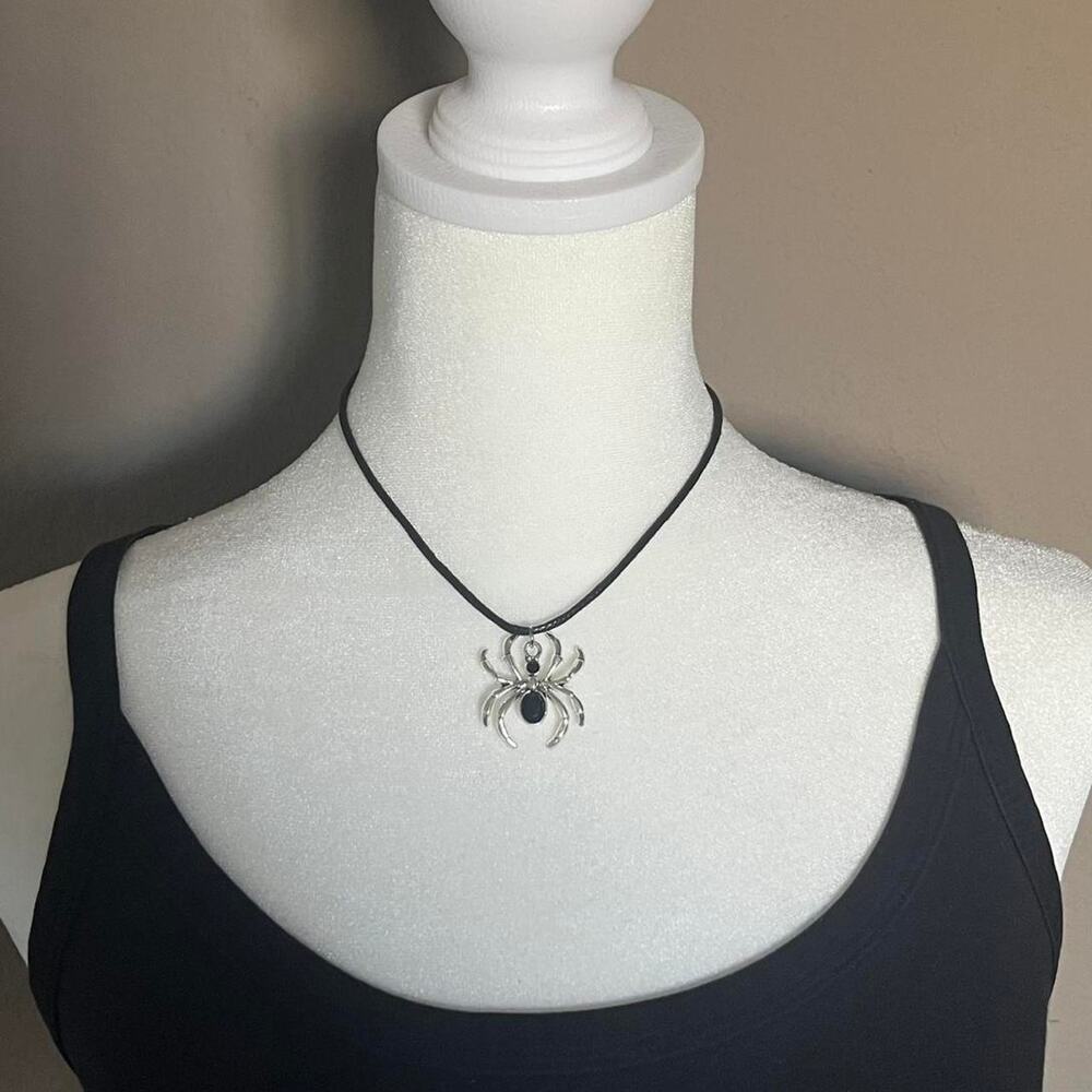 Handmade Vintage Goth Emo Silver Spider Black Cord Necklace